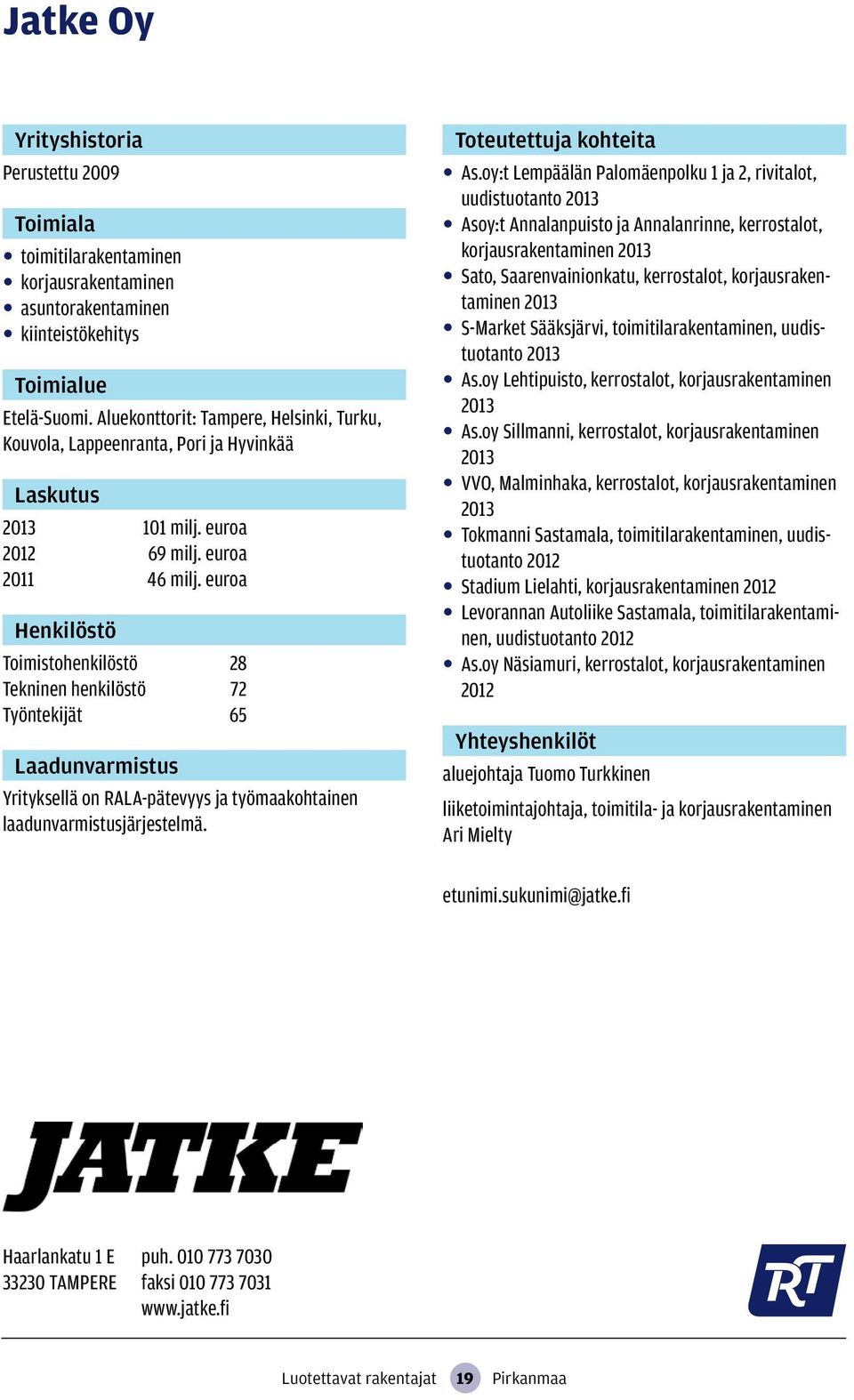 euroa Toimistohenkilöstö 28 Tekninen henkilöstö 72 Työntekijät 65 Yrityksellä on RALA-pätevyys ja työmaakohtainen laadunvarmistusjärjestelmä. As.