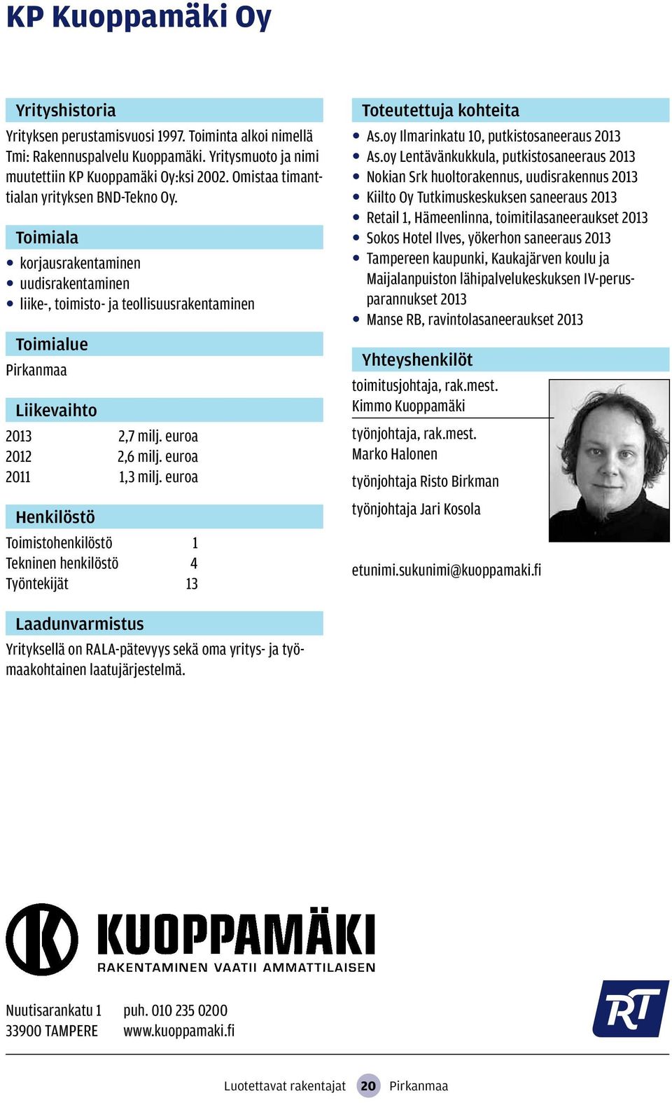 euroa Toimistohenkilöstö 1 Tekninen henkilöstö 4 Työntekijät 13 As.oy Ilmarinkatu 10, putkistosaneeraus 2013 As.