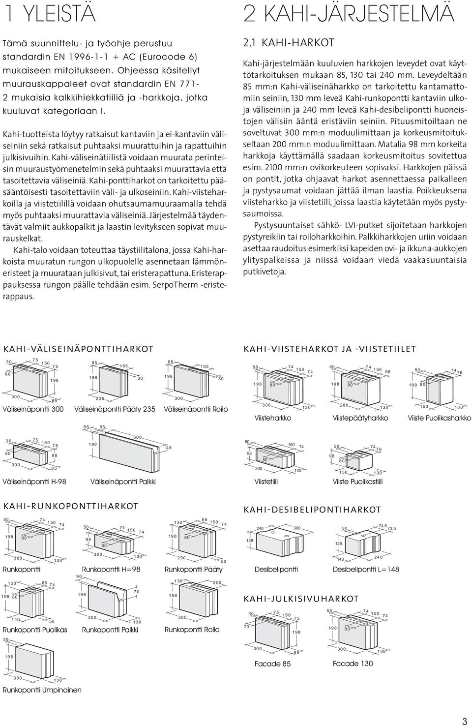 1 KAHI-HARKOT Kahi-järjestelmään kuuluvien harkkojen leveydet ovat käyttötarkoituksen mukaan, tai 240 mm.