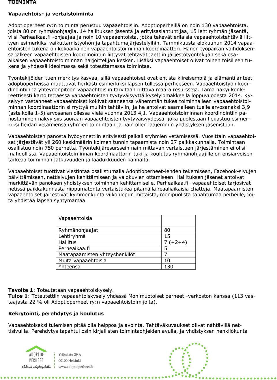 fi -ohjaajaa ja noin 10 vapaaehtoista, jotka tekevät erilaisia vapaaehtoistehtäviä liittyen esimerkiksi vaikuttamistyöhön ja tapahtumajärjestelyihin.