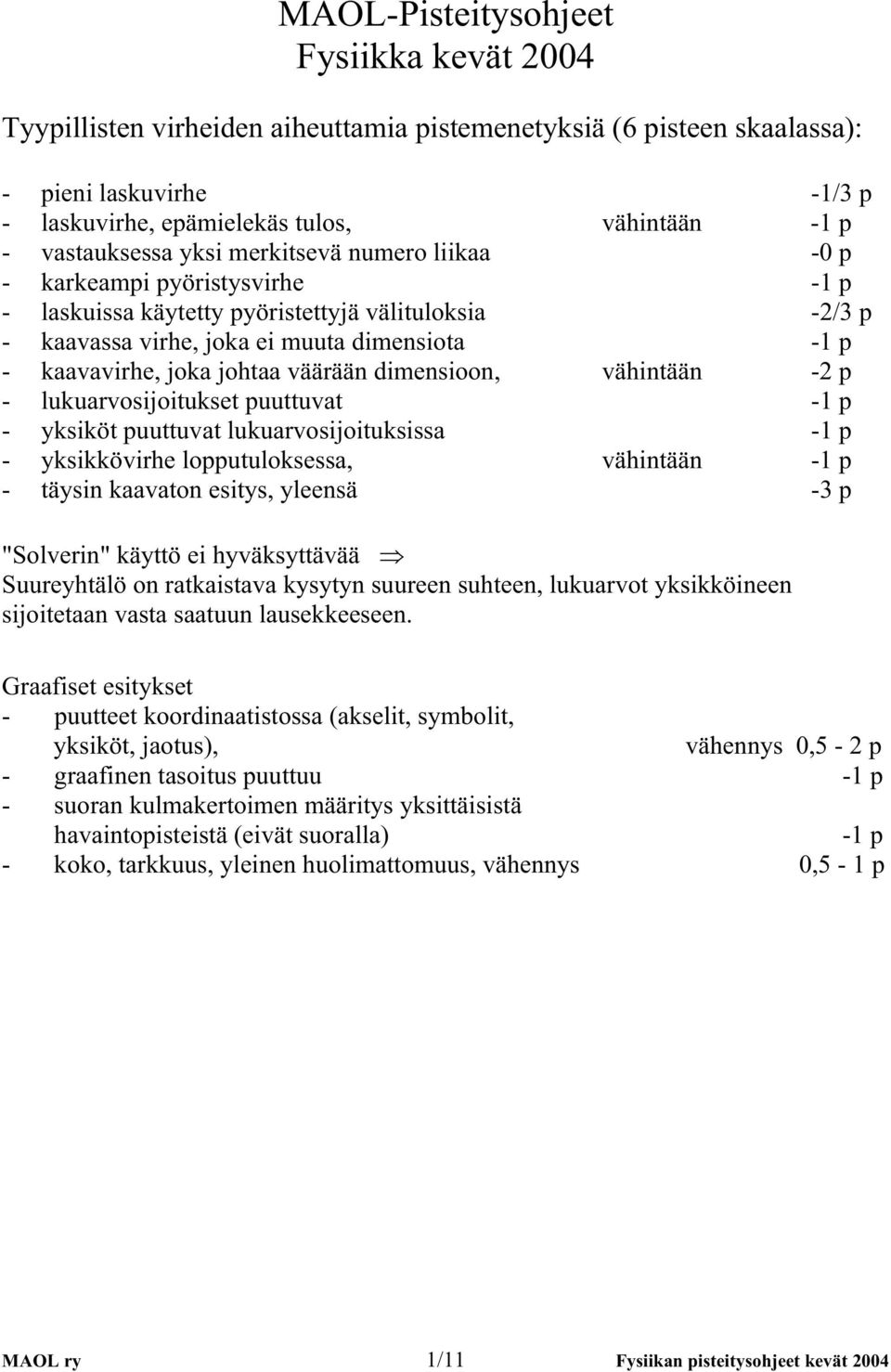 lukuarvoijoituket puuttuvat - - ykiköt puuttuvat lukuarvoijoitukia - - ykikkövirhe lopputulokea, vähintään - - täyin kaavaton eity, yleenä -3 p "Solverin" käyttö ei hyväkyttävää Suureyhtälö on