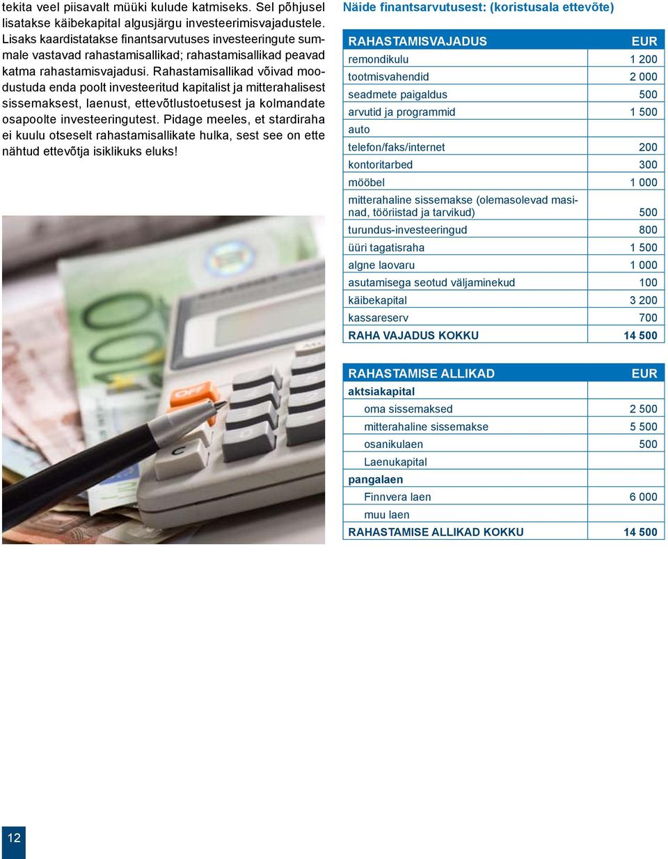 Rahastamisallikad võivad moodustuda enda poolt investeeritud kapitalist ja mitterahalisest sissemaksest, laenust, ettevõtlustoetusest ja kolmandate osapoolte investeeringutest.