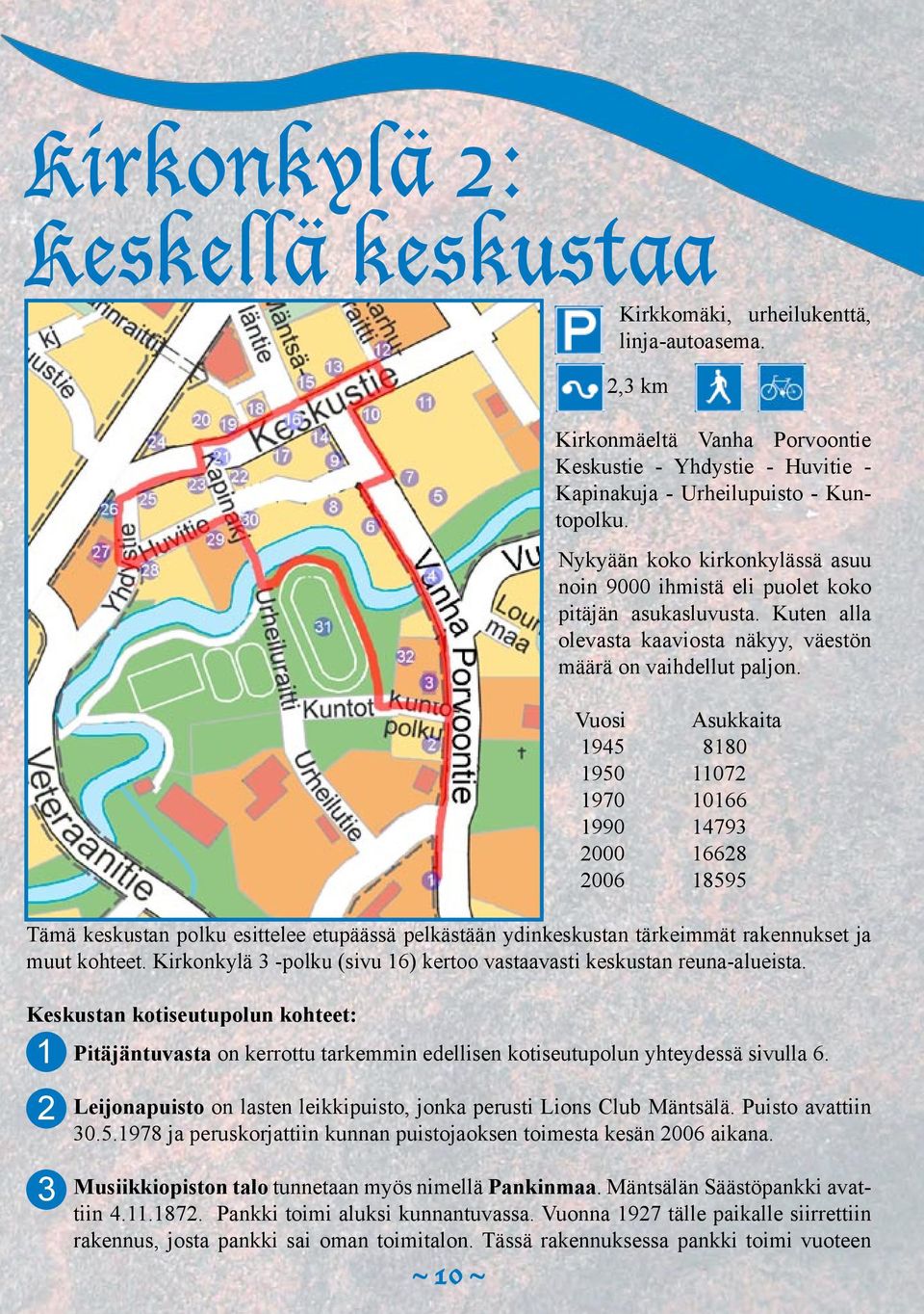 Keskustan kotiseutupolun kohteet: 1 2 Nykyään koko kirkonkylässä asuu noin 9000 ihmistä eli puolet koko pitäjän asukasluvusta. Kuten alla olevasta kaaviosta näkyy, väestön määrä on vaihdellut paljon.