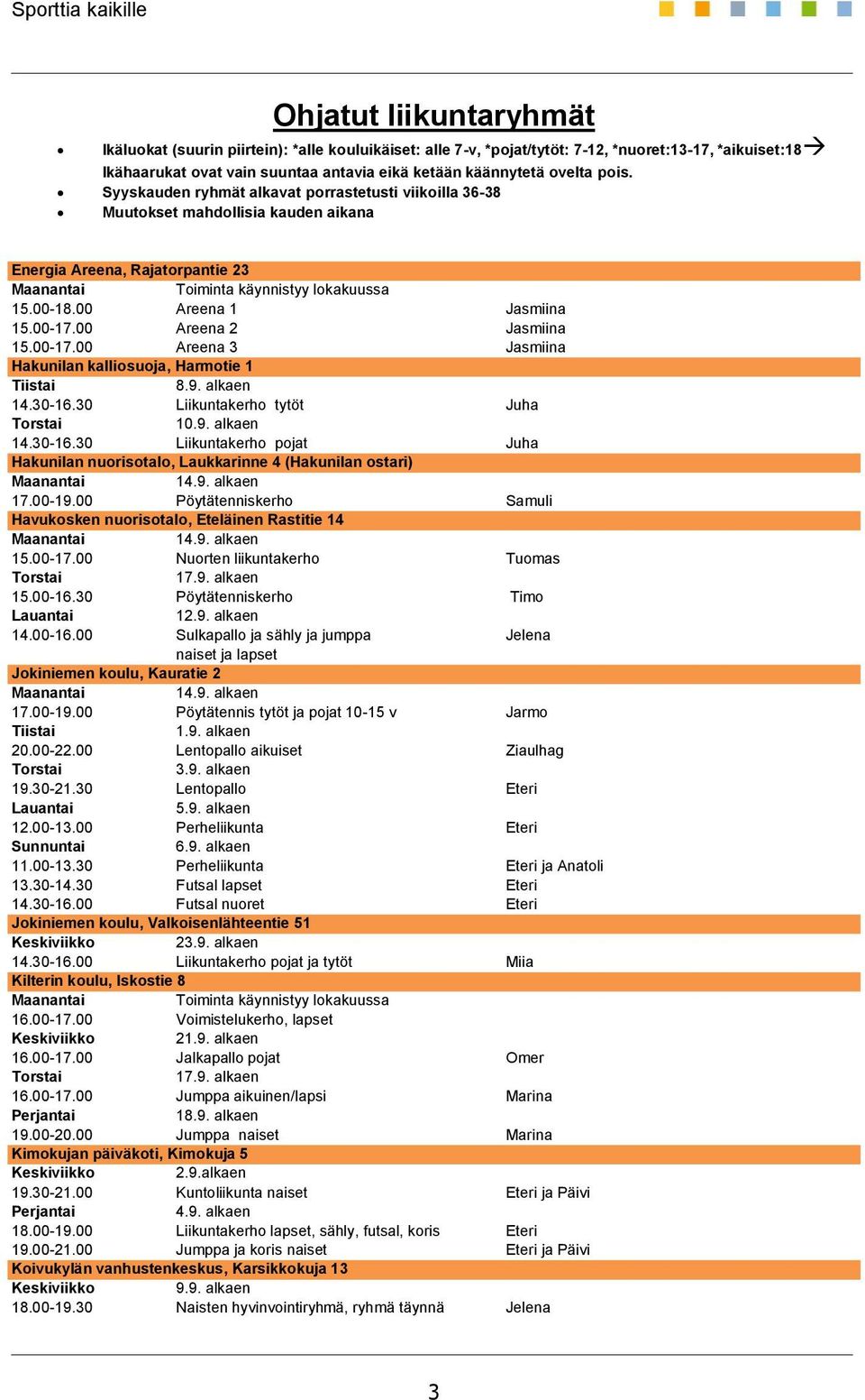 00 Areena 2 Jasmiina 15.00-17.00 Areena 3 Jasmiina Hakunilan kalliosuoja, Harmotie 1 8.9. alkaen 14.30-16.30 Liikuntakerho tytöt Juha 10.9. alkaen 14.30-16.30 Liikuntakerho pojat Juha Hakunilan nuorisotalo, Laukkarinne 4 (Hakunilan ostari) 14.