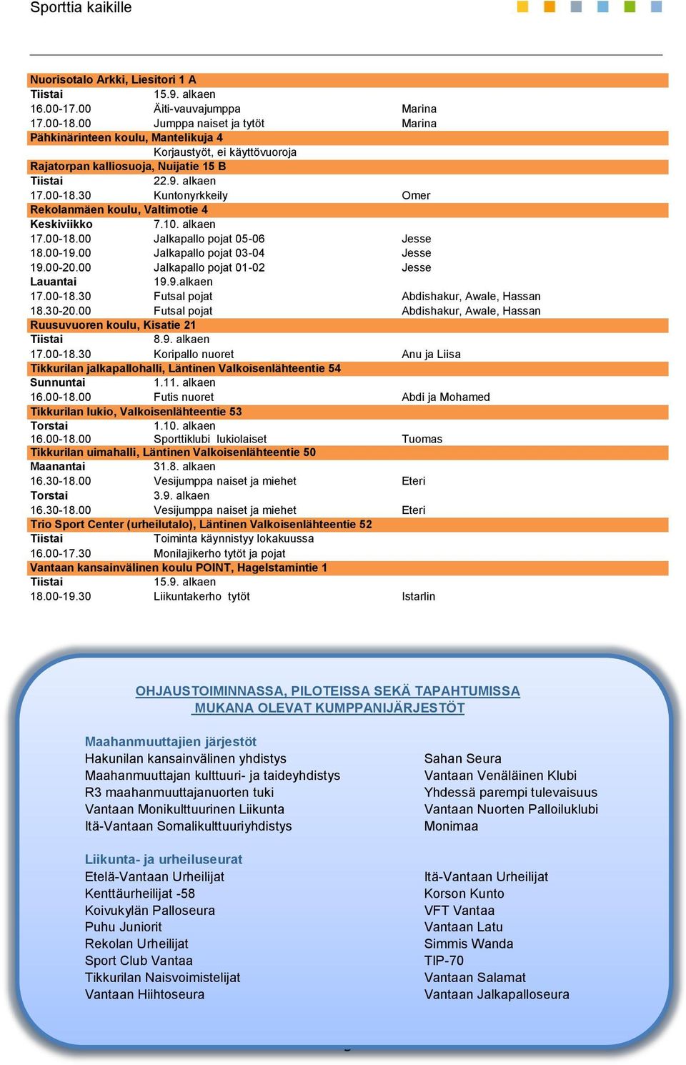 30 Kuntonyrkkeily Omer Rekolanmäen koulu, Valtimotie 4 7.10. alkaen 17.00-18.00 Jalkapallo pojat 05-06 Jesse 18.00-19.00 Jalkapallo pojat 03-04 Jesse 19.00-20.00 Jalkapallo pojat 01-02 Jesse 19.9.alkaen 17.00-18.30 Futsal pojat Abdishakur, Awale, Hassan 18.