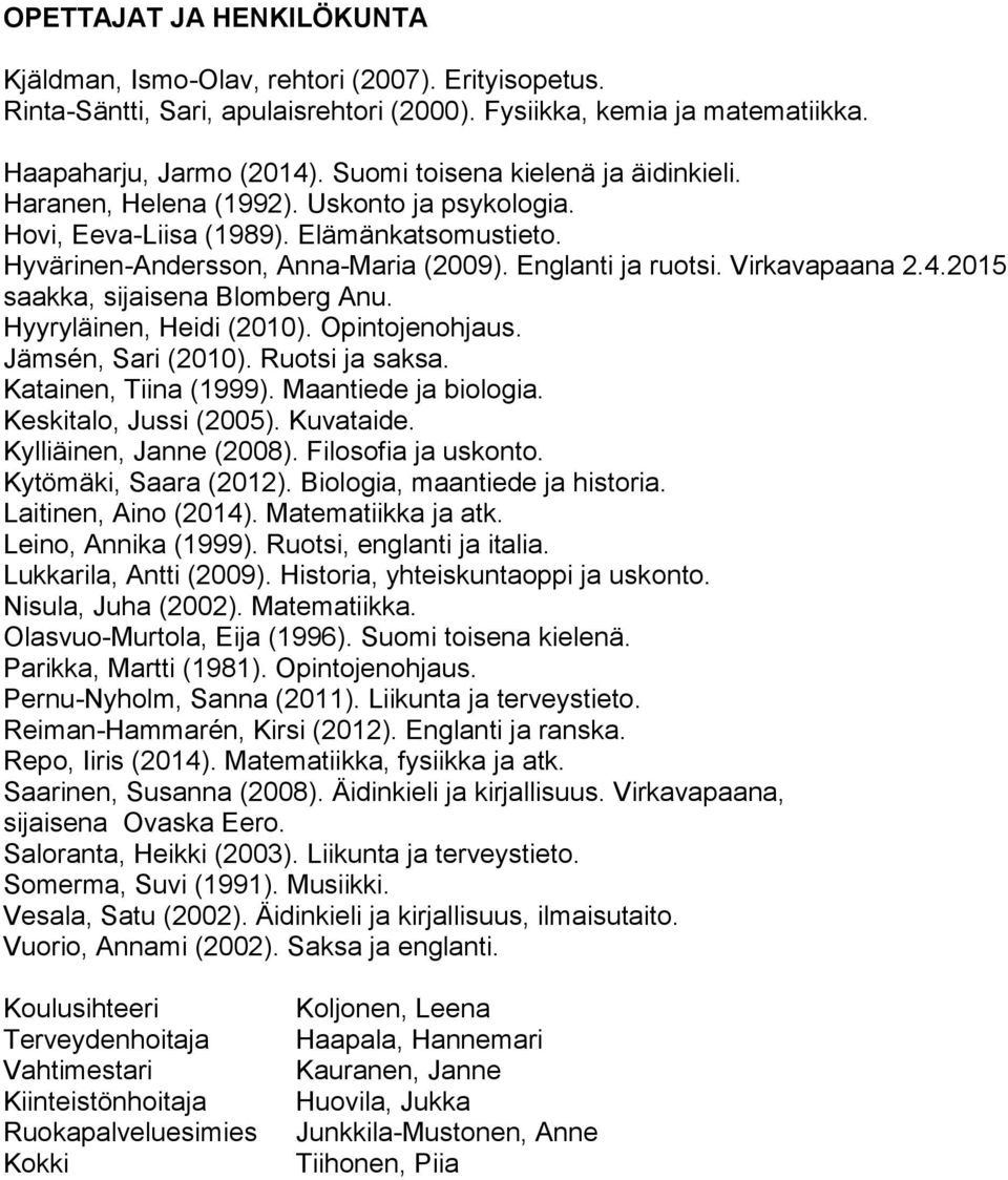 Virkavapaana 2.4.2015 saakka, sijaisena Blomberg Anu. Hyyryläinen, Heidi (2010). Opintojenohjaus. Jämsén, Sari (2010). Ruotsi ja saksa. Katainen, Tiina (1999). Maantiede ja biologia.