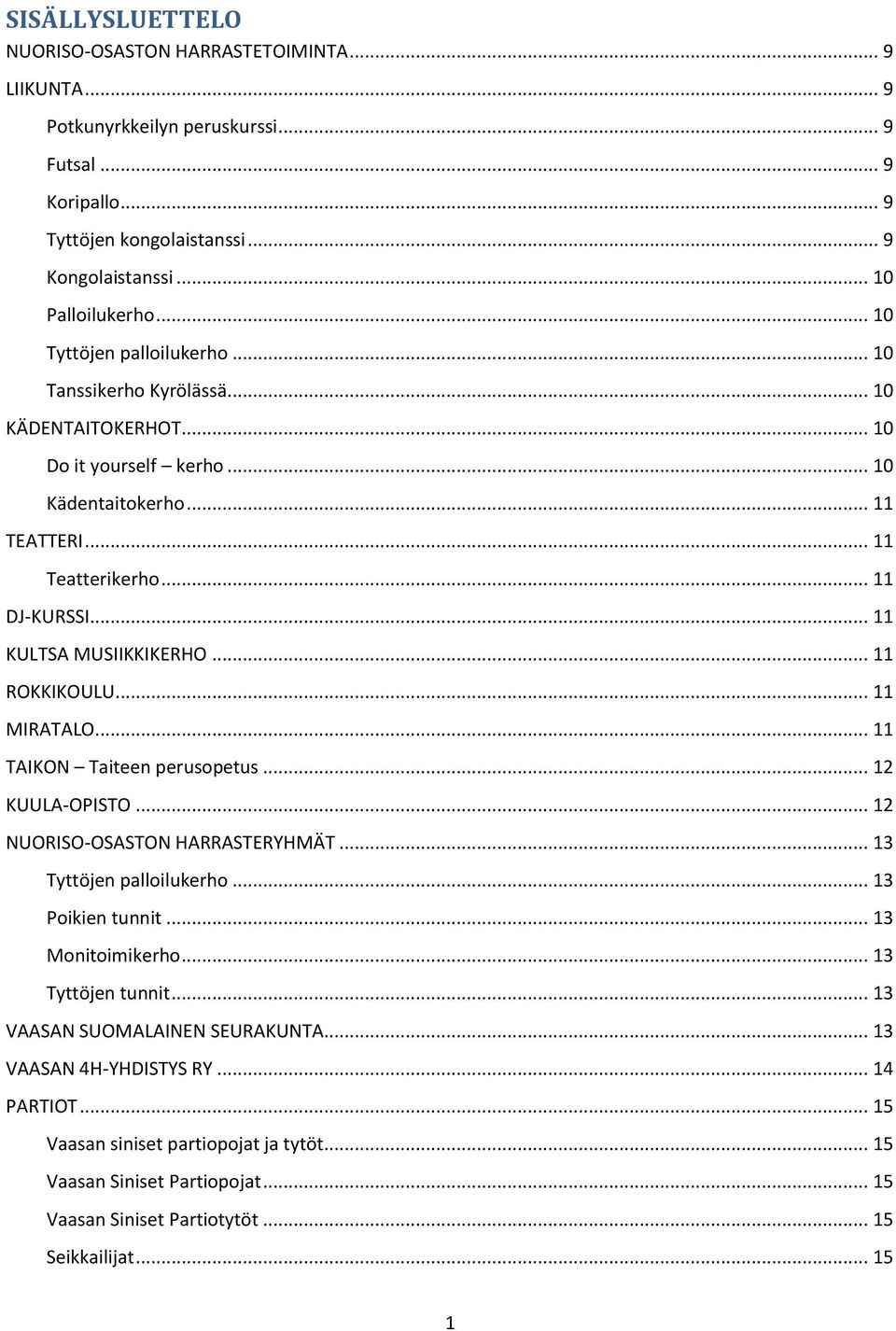 .. 11 KULTSA MUSIIKKIKERHO... 11 ROKKIKOULU... 11 MIRATALO... 11 TAIKON Taiteen perusopetus... 12 KUULA-OPISTO... 12 NUORISO-OSASTON HARRASTERYHMÄT... 13 Tyttöjen palloilukerho... 13 Poikien tunnit.