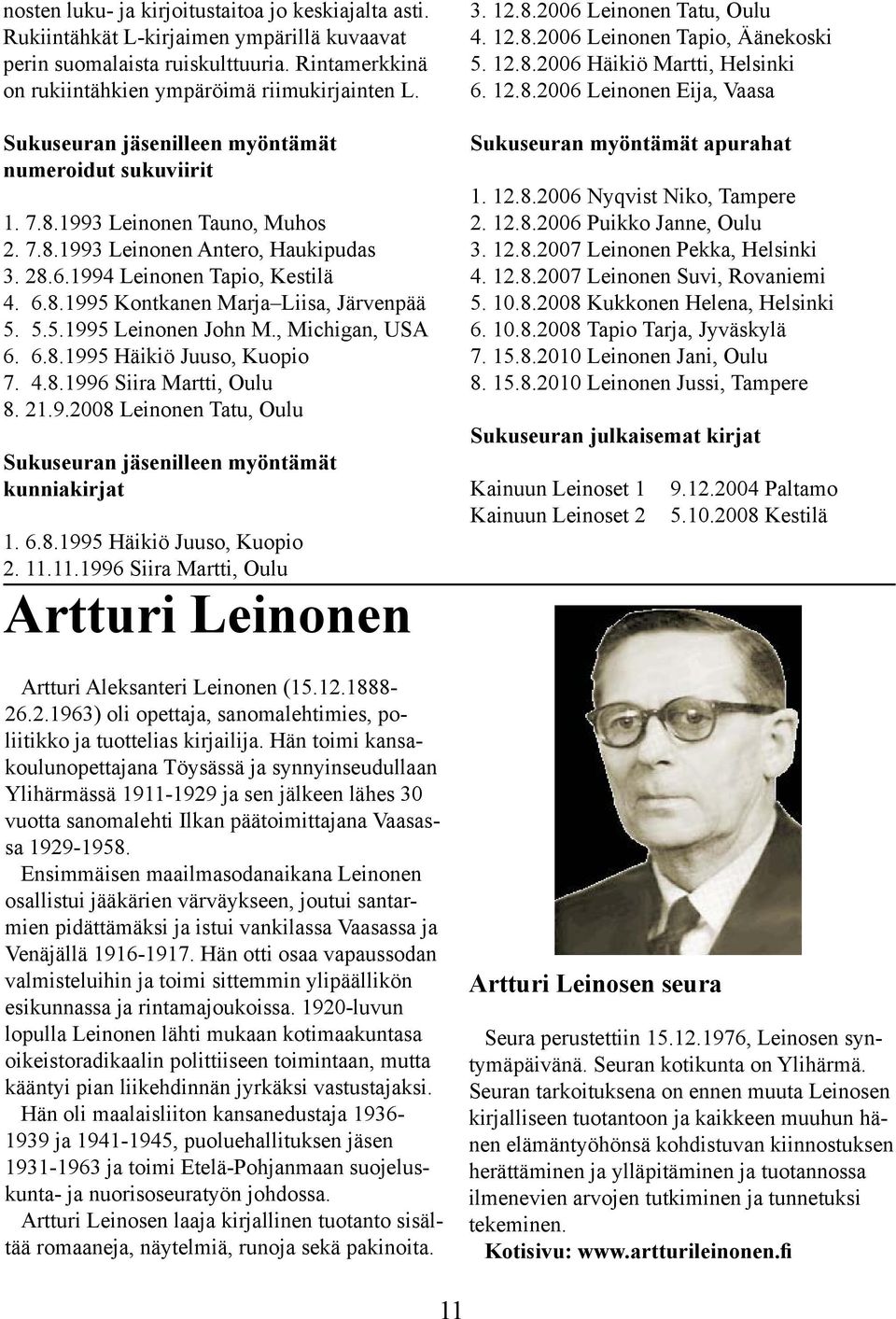 5.5.1995 Leinonen John M., Michigan, USA 6. 6.8.1995 Häikiö Juuso, Kuopio 7. 4.8.1996 Siira Martti, Oulu 8. 21.9.2008 Leinonen Tatu, Oulu Sukuseuran jäsenilleen myöntämät kunniakirjat 1. 6.8.1995 Häikiö Juuso, Kuopio 2.