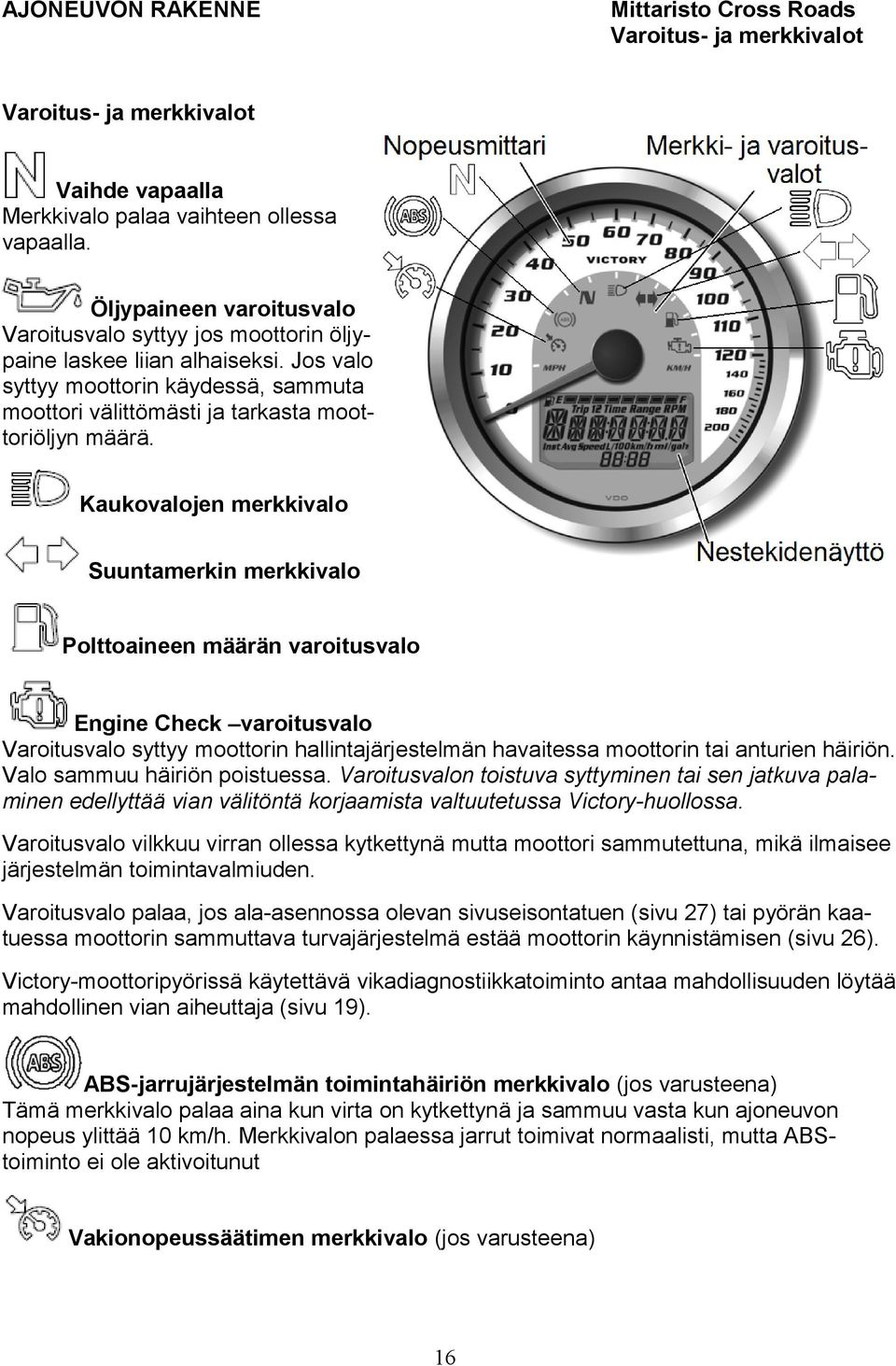 Kaukovalojen merkkivalo Suuntamerkin merkkivalo Polttoaineen määrän varoitusvalo Engine Check varoitusvalo Varoitusvalo syttyy moottorin hallintajärjestelmän havaitessa moottorin tai anturien häiriön.