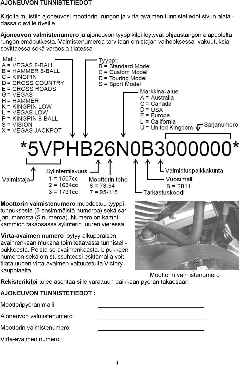 Valmistenumeroa tarvitaan omistajan vaihdoksessa, vakuutuksia sovittaessa sekä varaosia tilatessa.