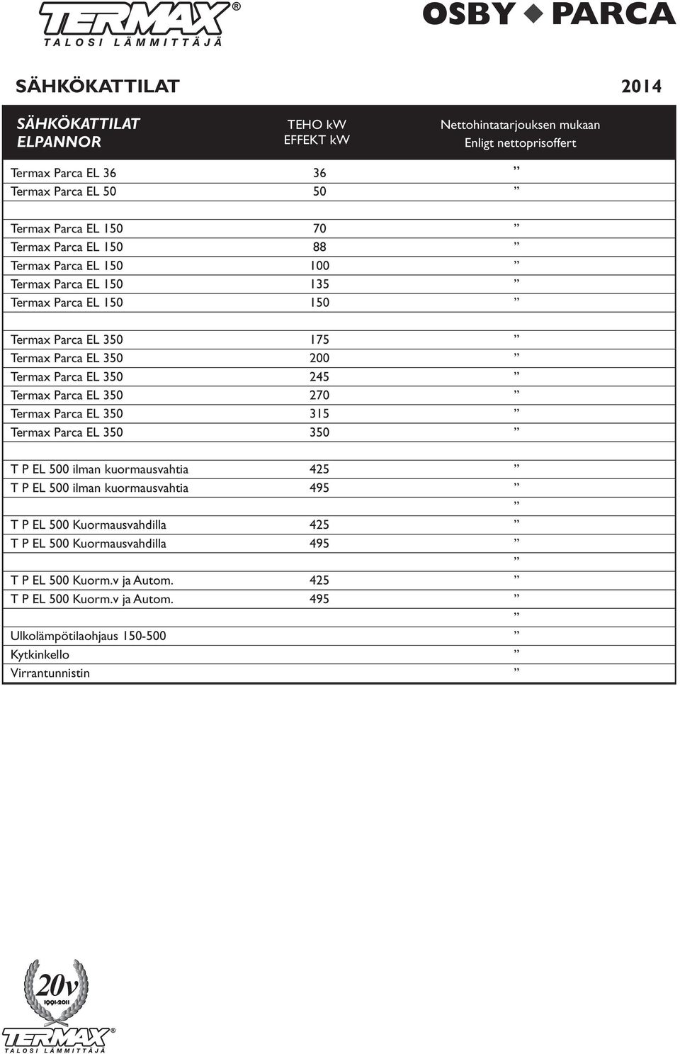 350 245 Termax Parca EL 350 270 Termax Parca EL 350 315 Termax Parca EL 350 350 T P EL 500 ilman kuormausvahtia 425 T P EL 500 ilman kuormausvahtia 495 T P EL 500