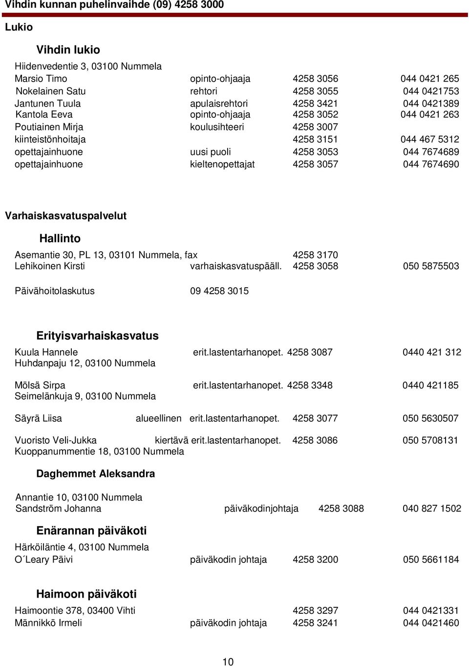 kieltenopettajat 4258 3057 044 7674690 Varhaiskasvatuspalvelut Hallinto Asemantie 30, PL 13, 03101 Nummela, fax 4258 3170 Lehikoinen Kirsti varhaiskasvatuspääll.