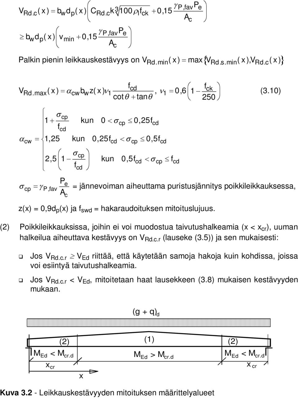 10) cp 1 kun 0 cp 0,5fcd fcd 1,5 kun 0,5f 0,5f cp,5 1 kun 0,5f f fcd cw cd cp cd cp c cd cp cd P e P,fav = jännevoiman aiheuttama puristusjännitys poikkileikkauksessa, A z(x) = 0,9d p (x) ja f swd =