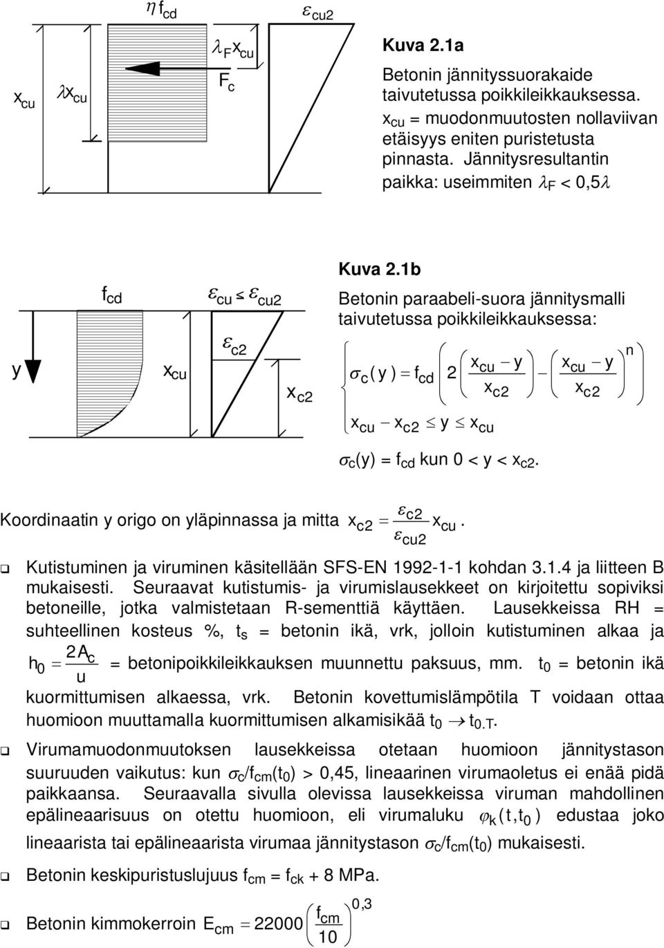 1b f cd cu < cu Betonin paraabeli-suora jännitysmalli taivutetussa poikkileikkauksessa: y x cu c x c n xcu y xcu y c(y) f cd xc xc xcu xc y xcu c (y) = f cd kun 0 < y < x c.