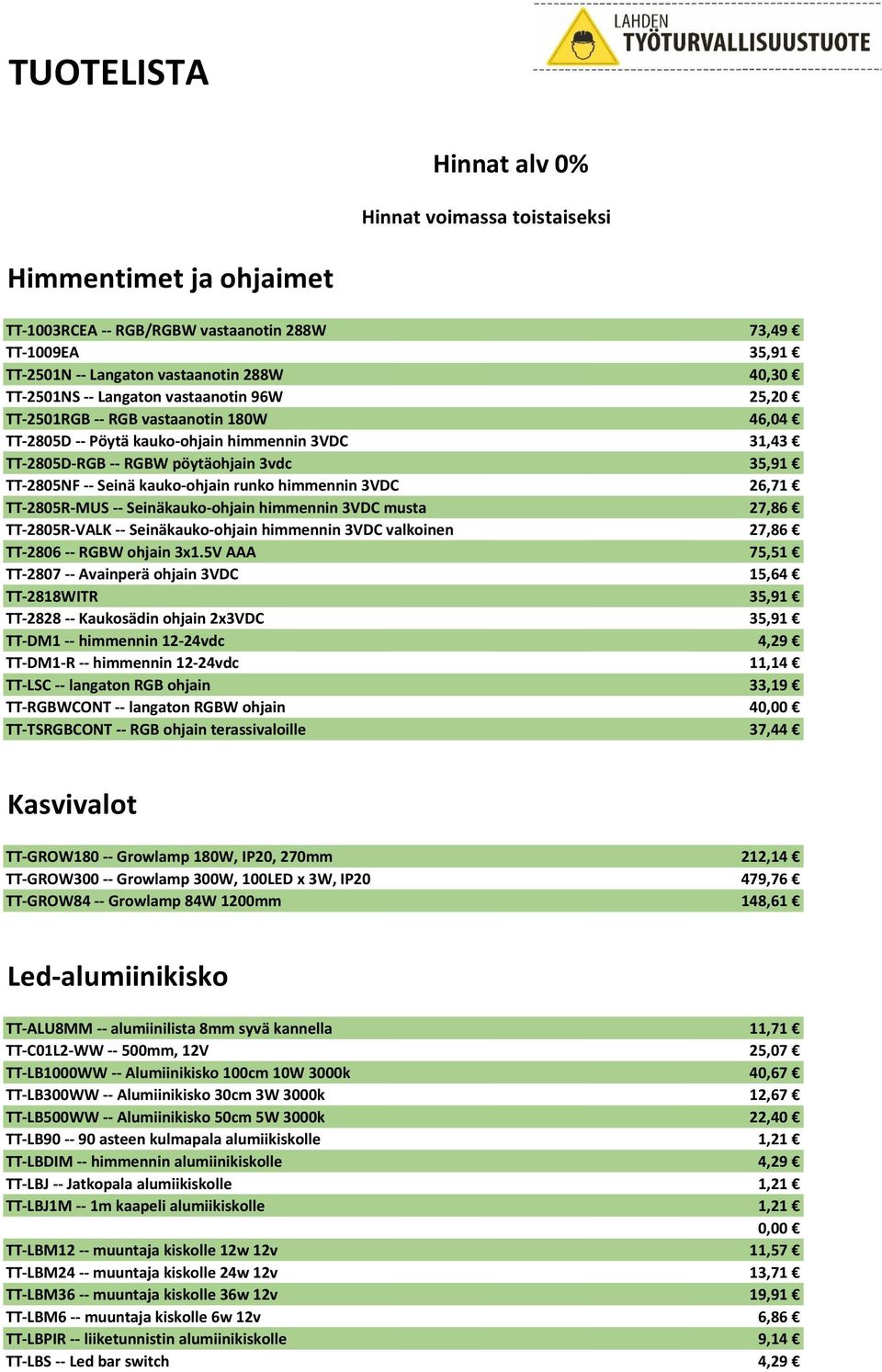 runko himmennin 3VDC 26,71 TT-2805R-MUS -- Seinäkauko-ohjain himmennin 3VDC musta 27,86 TT-2805R-VALK -- Seinäkauko-ohjain himmennin 3VDC valkoinen 27,86 TT-2806 -- RGBW ohjain 3x1.