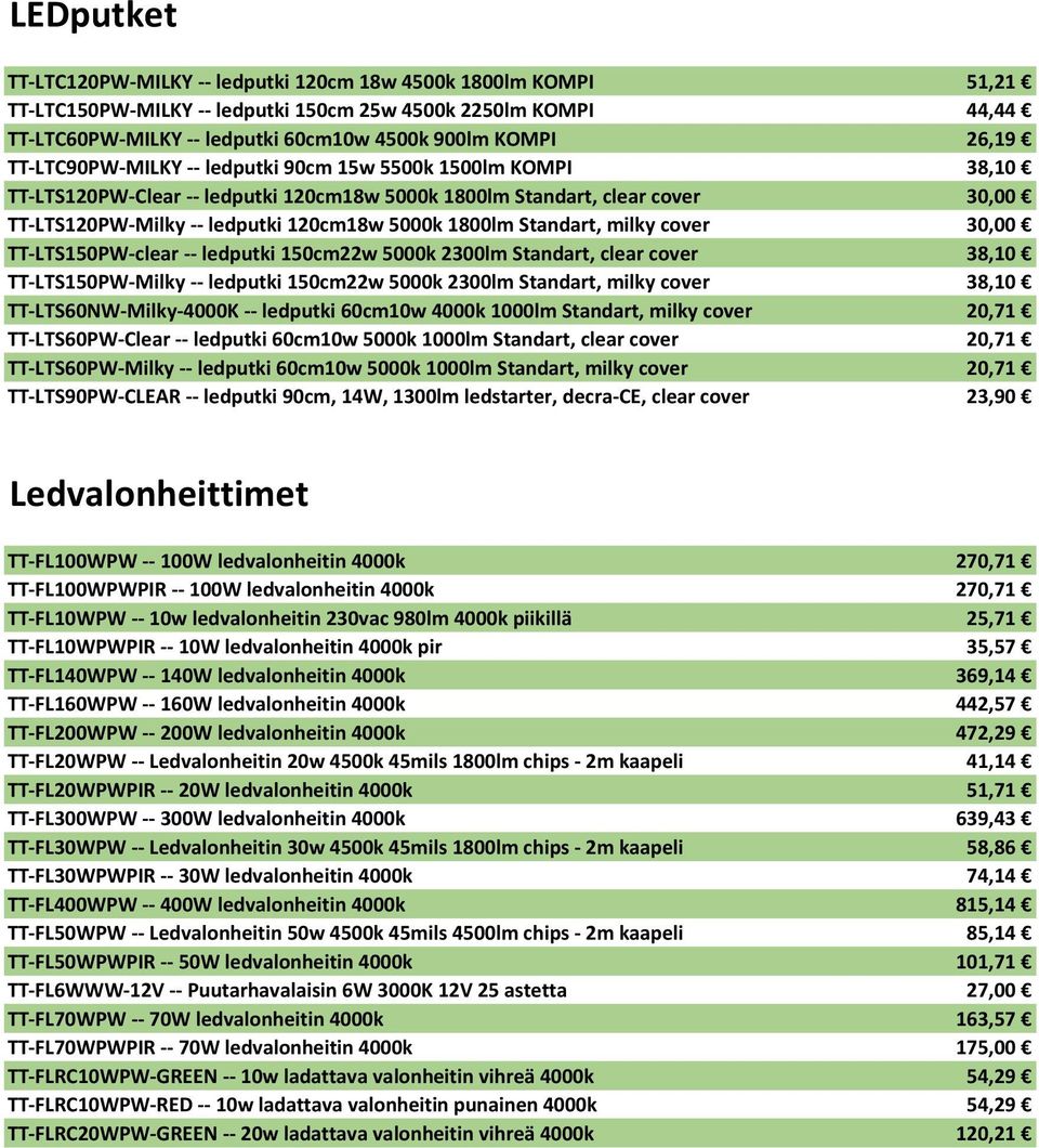 1800lm Standart, milky cover 30,00 TT-LTS150PW-clear -- ledputki 150cm22w 5000k 2300lm Standart, clear cover 38,10 TT-LTS150PW-Milky -- ledputki 150cm22w 5000k 2300lm Standart, milky cover 38,10