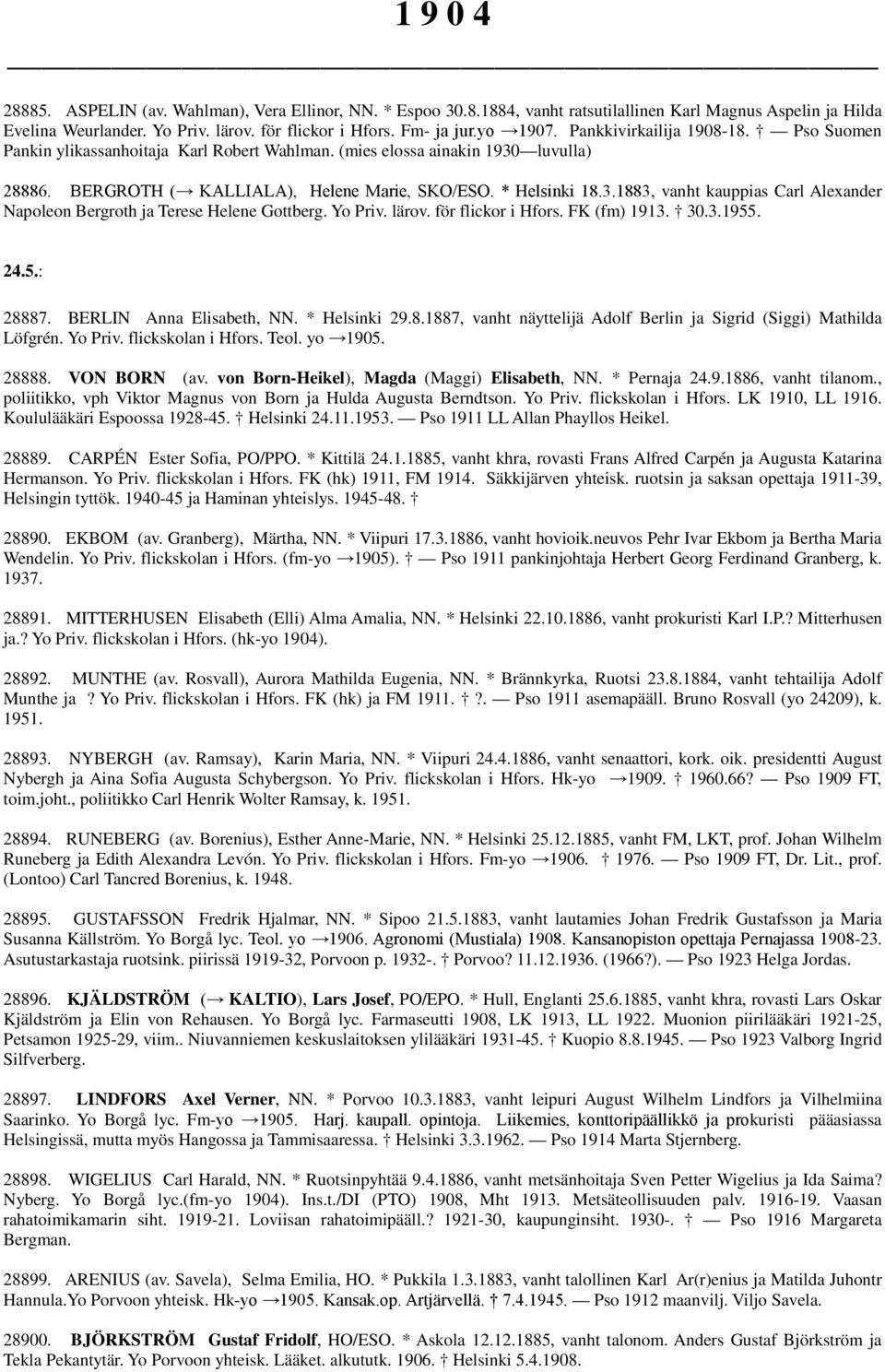 Yo Priv. lärov. för flickor i Hfors. FK (fm) 1913. 30.3.1955. 24.5.: 28887. BERLIN Anna Elisabeth, NN. * Helsinki 29.8.1887, vanht näyttelijä Adolf Berlin ja Sigrid (Siggi) Mathilda Löfgrén. Yo Priv.