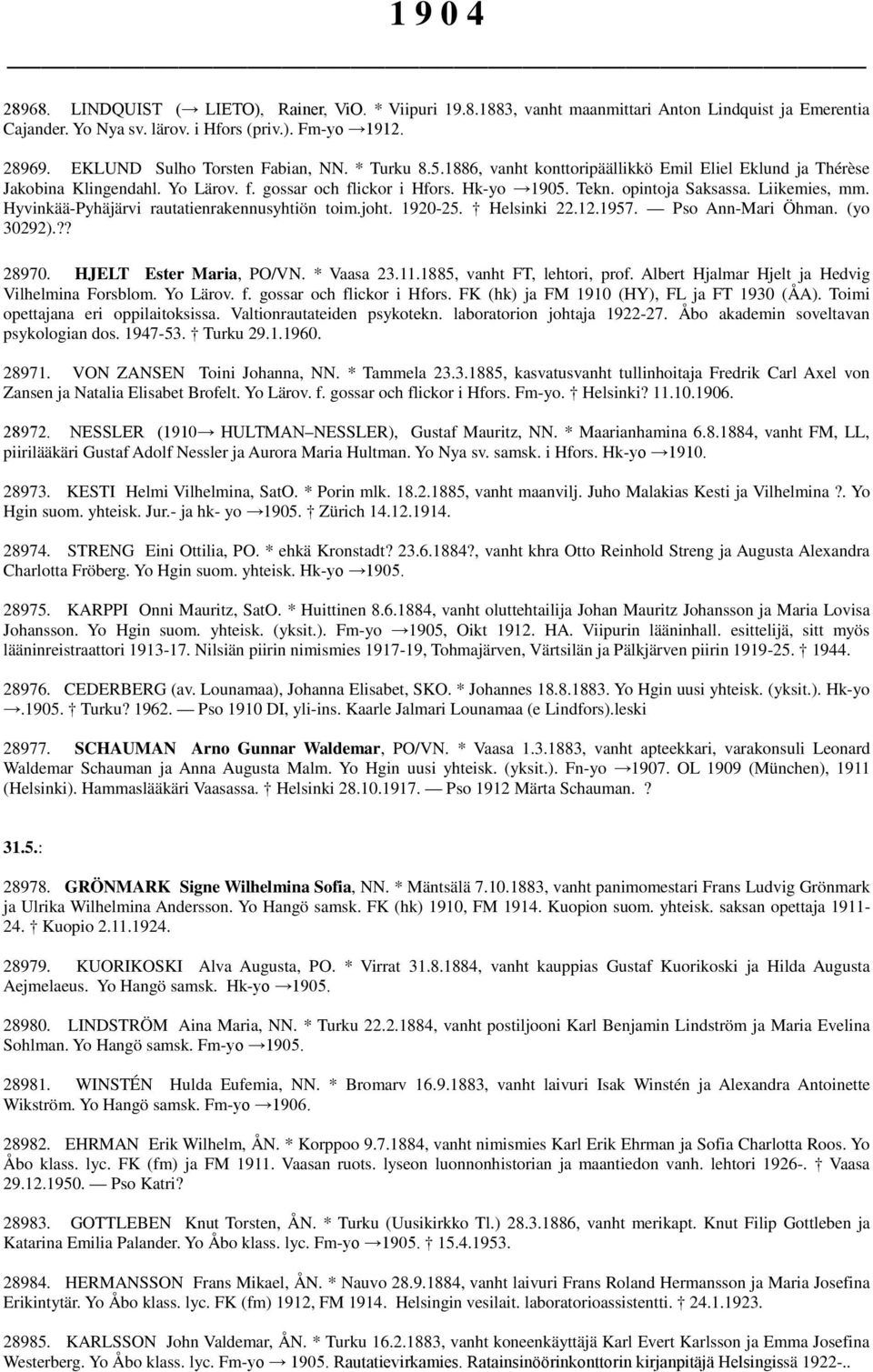 opintoja Saksassa. Liikemies, mm. Hyvinkää-Pyhäjärvi rautatienrakennusyhtiön toim.joht. 1920-25. Helsinki 22.12.1957. Pso Ann-Mari Öhman. (yo 30292).?? 28970. HJELT Ester Maria, PO/VN. * Vaasa 23.11.