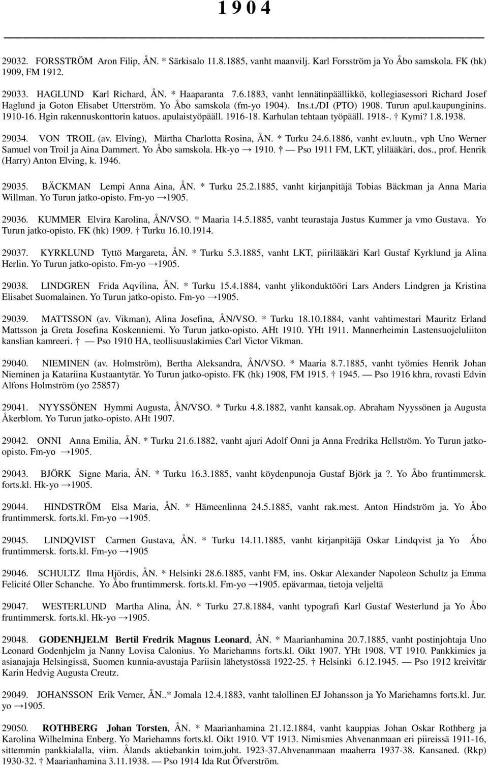 Hgin rakennuskonttorin katuos. apulaistyöpääll. 1916-18. Karhulan tehtaan työpääll. 1918-. Kymi? 1.8.1938. 29034. VON TROIL (av. Elving), Märtha Charlotta Rosina, ÅN. * Turku 24.6.1886, vanht ev.