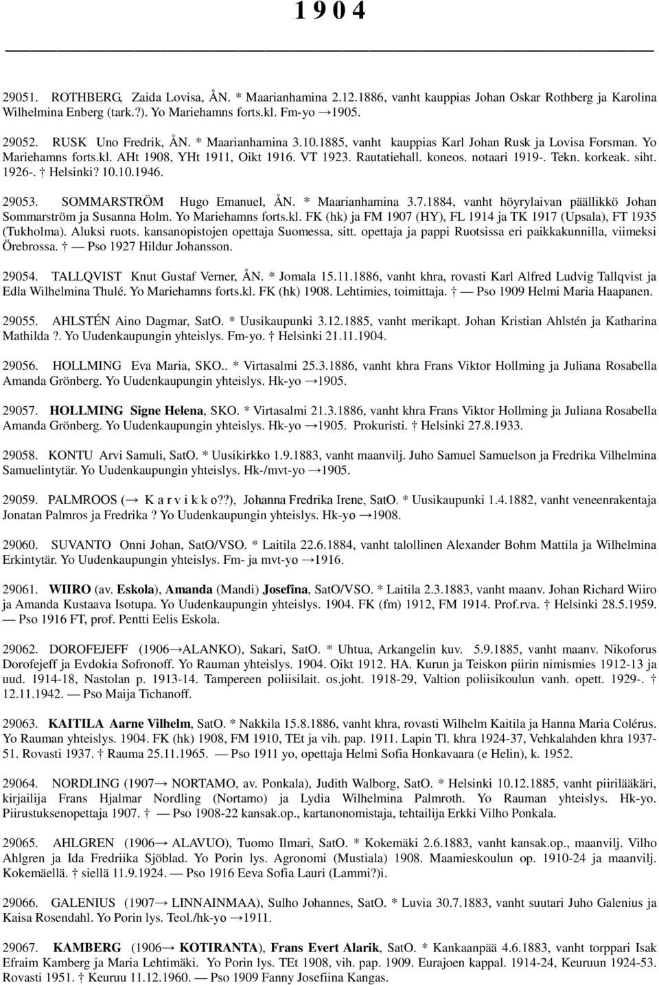 Tekn. korkeak. siht. 1926-. Helsinki? 10.10.1946. 29053. SOMMARSTRÖM Hugo Emanuel, ÅN. * Maarianhamina 3.7.1884, vanht höyrylaivan päällikkö Johan Sommarström ja Susanna Holm. Yo Mariehamns forts.kl.