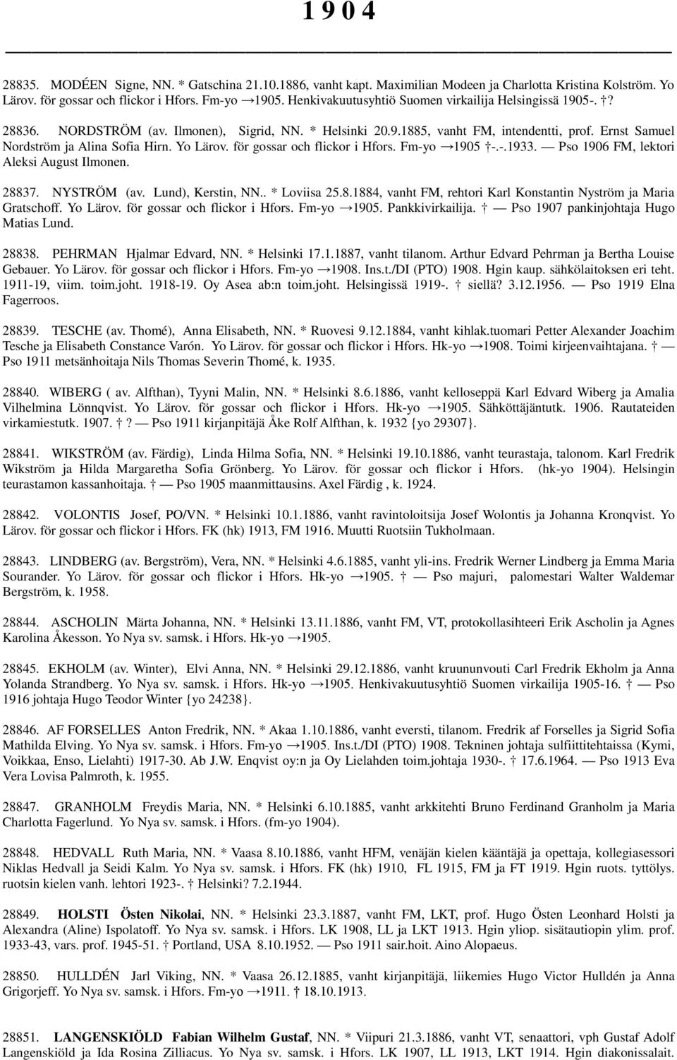 Yo Lärov. för gossar och flickor i Hfors. Fm-yo 1905 -.-.1933. Pso 1906 FM, lektori Aleksi August Ilmonen. 28837. NYSTRÖM (av. Lund), Kerstin, NN.. * Loviisa 25.8.1884, vanht FM, rehtori Karl Konstantin Nyström ja Maria Gratschoff.