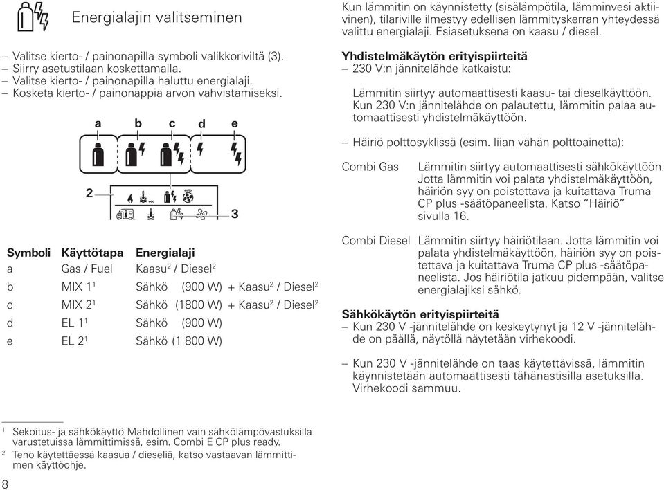 a b c d e Kun lämmitin on käynnistetty (sisälämpötila, lämminvesi aktiivinen), tilariville ilmestyy edellisen lämmityskerran yhteydessä valittu energialaji. Esiasetuksena on kaasu / diesel.