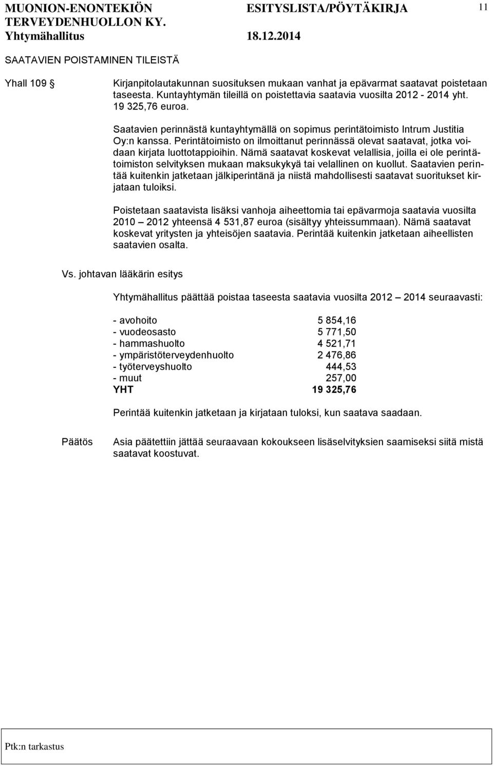 Perintätoimisto on ilmoittanut perinnässä olevat saatavat, jotka voidaan kirjata luottotappioihin.