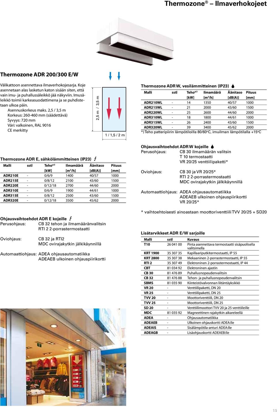 2,5 / 3,5 m Korkeus: 260-460 mm (säädettävä) Syvyys: 720 mm Väri: valkoinen, RAL 9016 CE merkitty 2,5 m / 3,5 m 1 / 1,5 / 2 m Thermozone ADR W, vesilämmitteinen (IP23) 2 Malli sstl Teho* 3 ADR210WL -