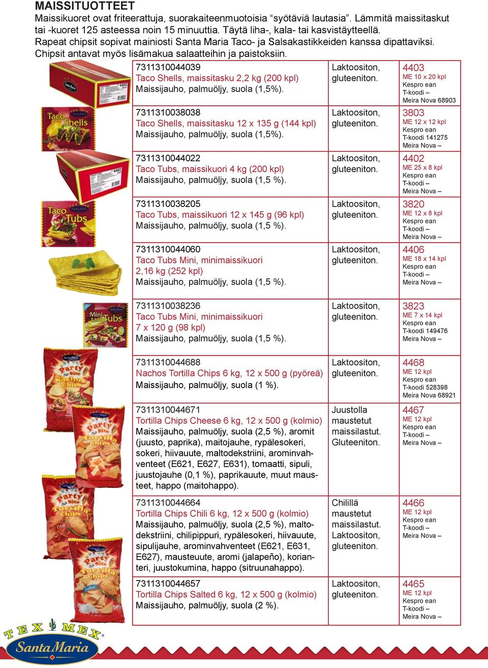 7311310044039 Taco Shells, maissitasku 2,2 kg (200 kpl) Maissijauho, palmuöljy, suola (1,5%). 7311310038038 Taco Shells, maissitasku 12 x 135 g (144 kpl) Maissijauho, palmuöljy, suola (1,5%).