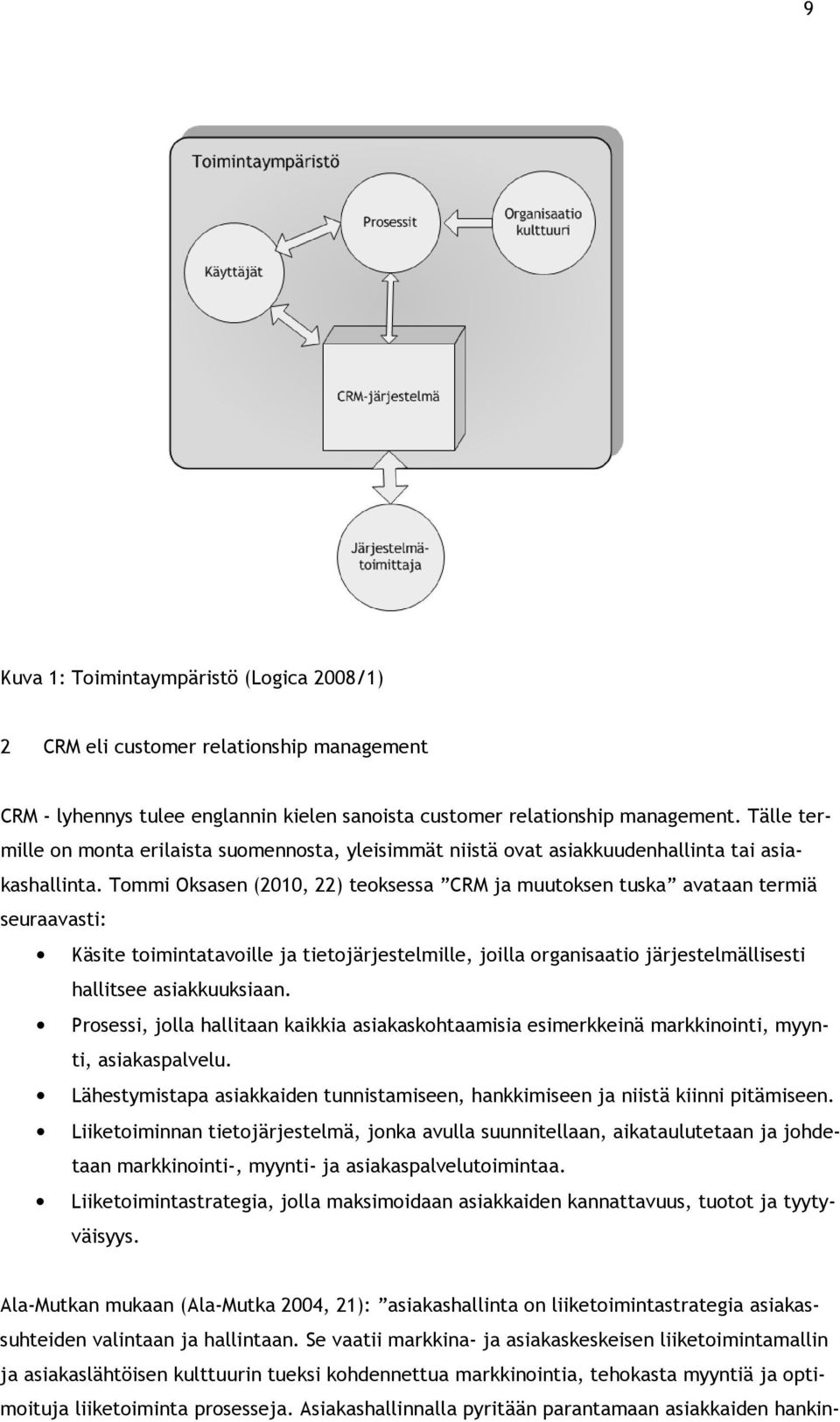 Tommi Oksasen (2010, 22) teoksessa CRM ja muutoksen tuska avataan termiä seuraavasti: Käsite toimintatavoille ja tietojärjestelmille, joilla organisaatio järjestelmällisesti hallitsee asiakkuuksiaan.