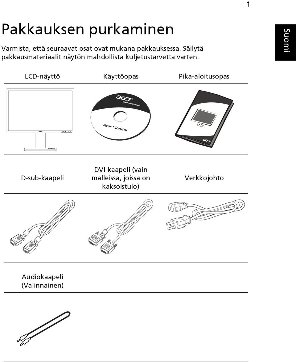 Säilytä pakkausmateriaalit näytön mahdollista kuljetustarvetta varten.