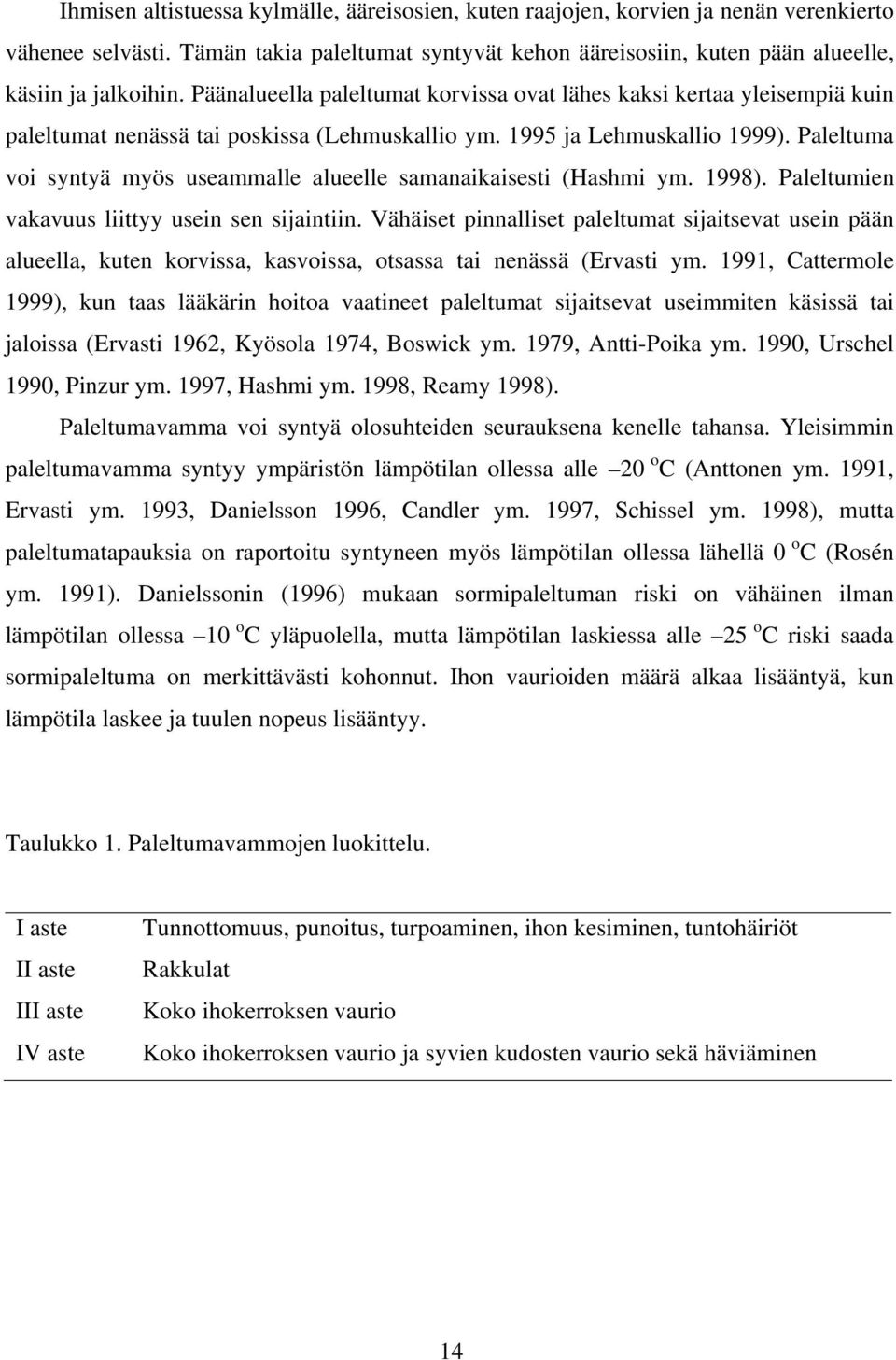 Paleltuma voi syntyä myös useammalle alueelle samanaikaisesti (Hashmi ym. 1998). Paleltumien vakavuus liittyy usein sen sijaintiin.
