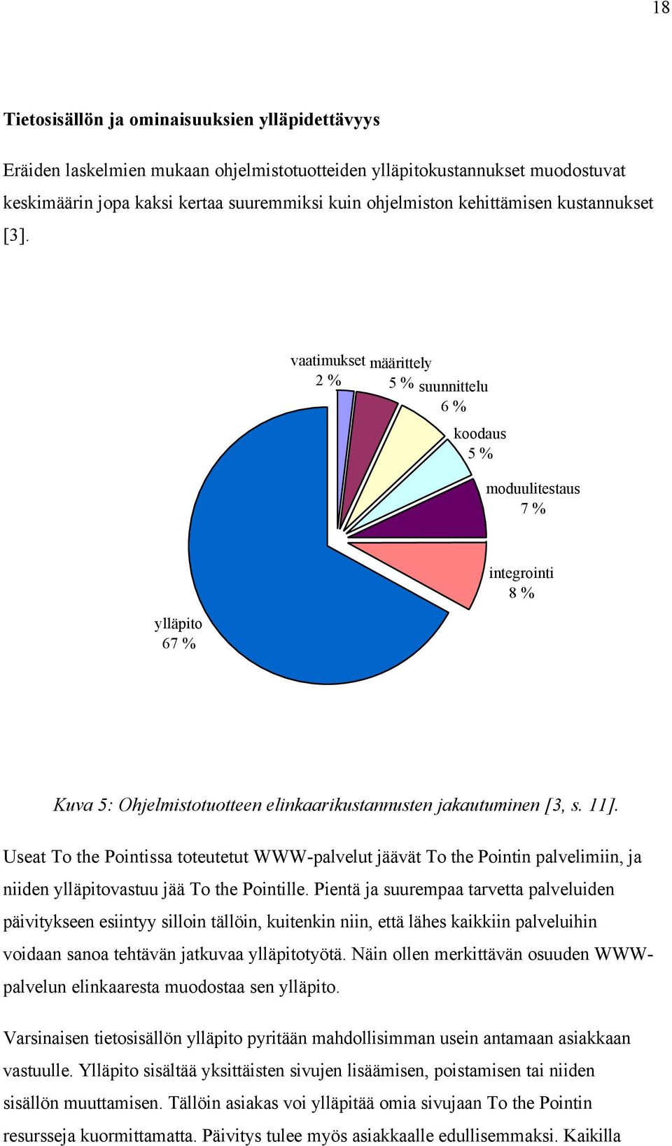 vaatimukset 2 % määrittely 5 % suunnittelu 6 % koodaus 5 % moduulitestaus 7 % ylläpito 67 % integrointi 8 % Kuva 5: Ohjelmistotuotteen elinkaarikustannusten jakautuminen [3, s. 11].