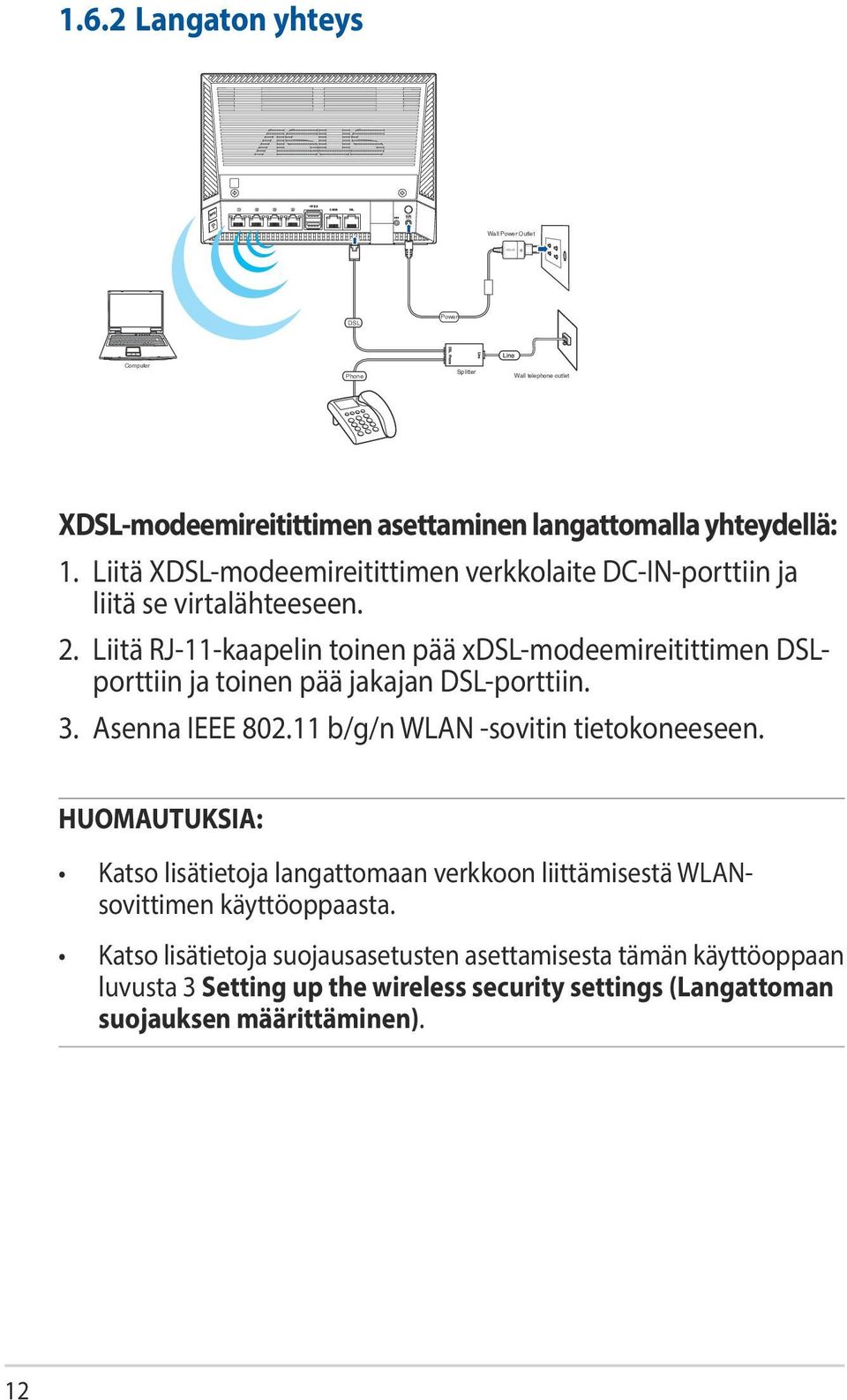 Liitä RJ-11-kaapelin toinen pää xdsl-modeemireitittimen DSLporttiin ja toinen pää jakajan DSL-porttiin. 3. Asenna IEEE 802.11 b/g/n WLAN -sovitin tietokoneeseen.