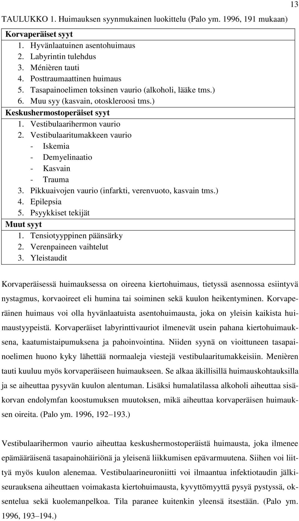 Vestibulaaritumakkeen vaurio - Iskemia - Demyelinaatio - Kasvain - Trauma 3. Pikkuaivojen vaurio (infarkti, verenvuoto, kasvain tms.) 4. Epilepsia 5. Psyykkiset tekijät Muut syyt 1.