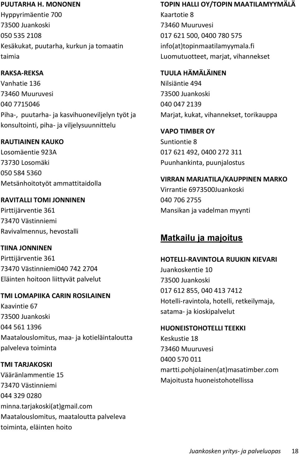 viljelysuunnittelu RAUTIAINEN KAUKO Losomäentie 923A 73730 Losomäki 050 584 5360 Metsänhoitotyöt ammattitaidolla RAVITALLI TOMI JONNINEN Pirttijärventie 361 Ravivalmennus, hevostalli TIINA JONNINEN