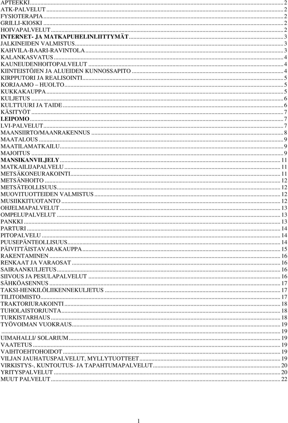 .. 7 LEIPOMO... 7 LVI-PALVELUT... 7 MAANSIIRTO/MAANRAKENNUS... 8 MAATALOUS... 9 MAATILAMATKAILU... 9 MAJOITUS... 9 MANSIKANVILJELY... 11 MATKAILIJAPALVELU... 11 METSÄKONEURAKOINTI... 11 METSÄNHOITO.