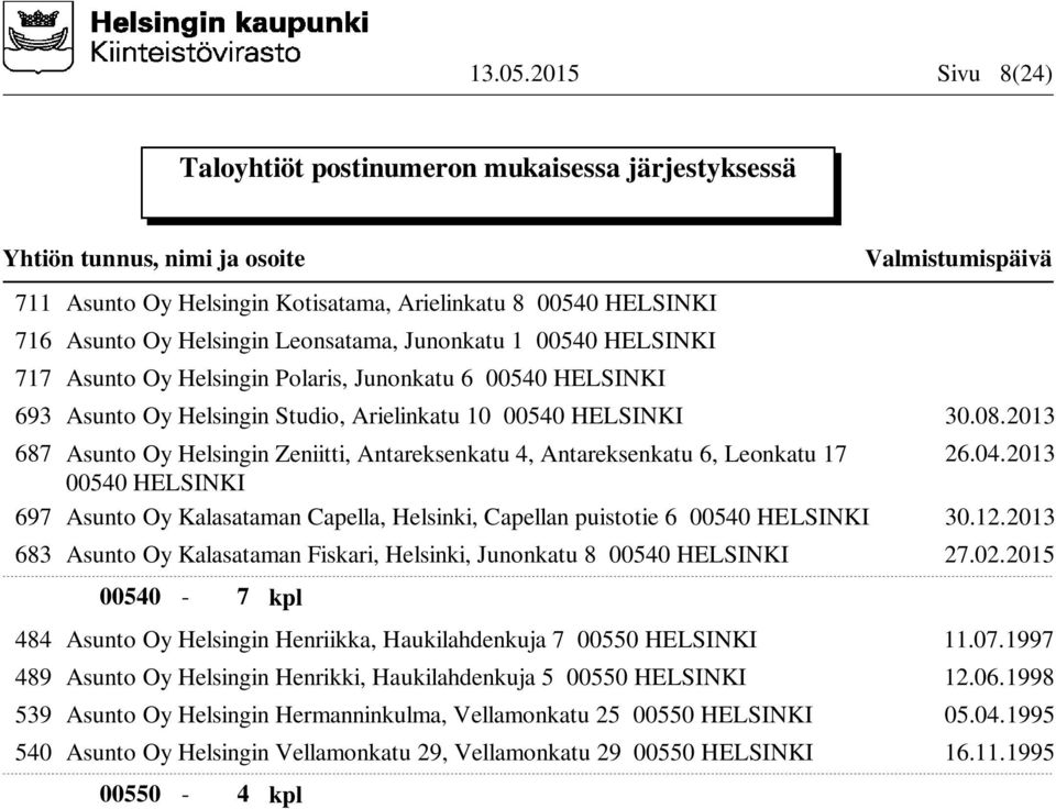 2013 00540 HELSINKI 697 Asunto Oy Kalasataman Capella, Helsinki, Capellan puistotie 6 00540 HELSINKI 30.12.2013 683 Asunto Oy Kalasataman Fiskari, Helsinki, Junonkatu 8 00540 HELSINKI 27.02.