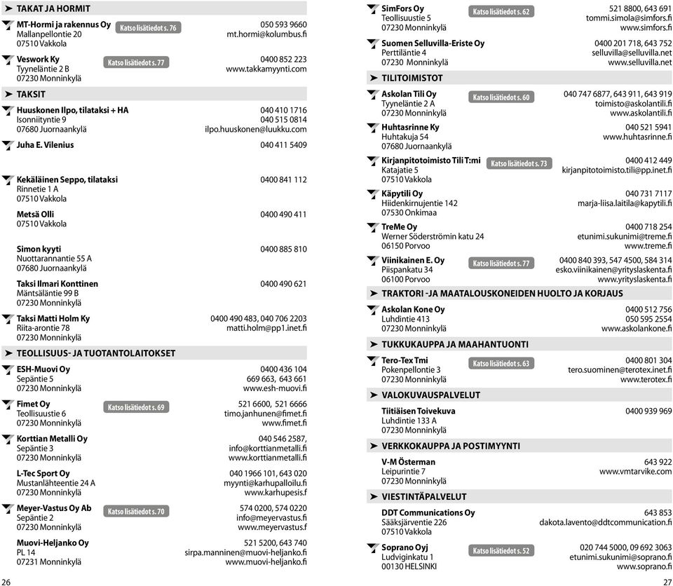 Vilenius 040 411 5409 Kekäläinen Seppo, tilataksi Rinnetie 1 A Metsä Olli Simon kyyti Nuottarannantie 55 A Taksi Ilmari Konttinen Mäntsäläntie 99 B Taksi Matti Holm Ky Riita-arontie 78 Teollisuus- ja