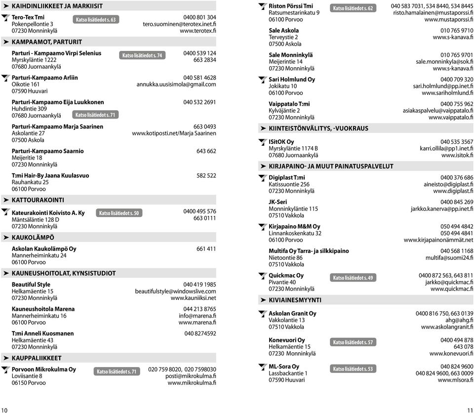 71 Parturi-Kampaamo Marja Saarinen Askolantie 27 Parturi-Kampaamo Saarnio Meijeritie 18 T:mi Hair-By Jaana Kuulasvuo Rauhankatu 25 06100 Porvoo Kattourakointi Kateurakointi Koivisto A.