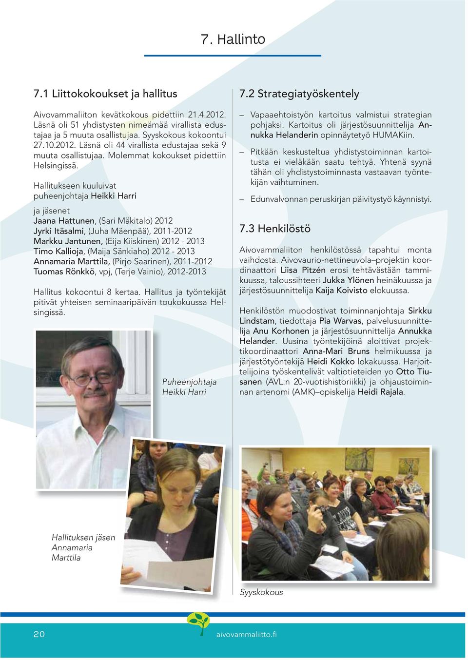 Hallitukseen kuuluivat puheenjohtaja Heikki Harri ja jäsenet Jaana Hattunen, (Sari Mäkitalo) 2012 Jyrki Itäsalmi, (Juha Mäenpää), 2011-2012 Markku Jantunen, (Eija Kiiskinen) 2012-2013 Timo Kallioja,