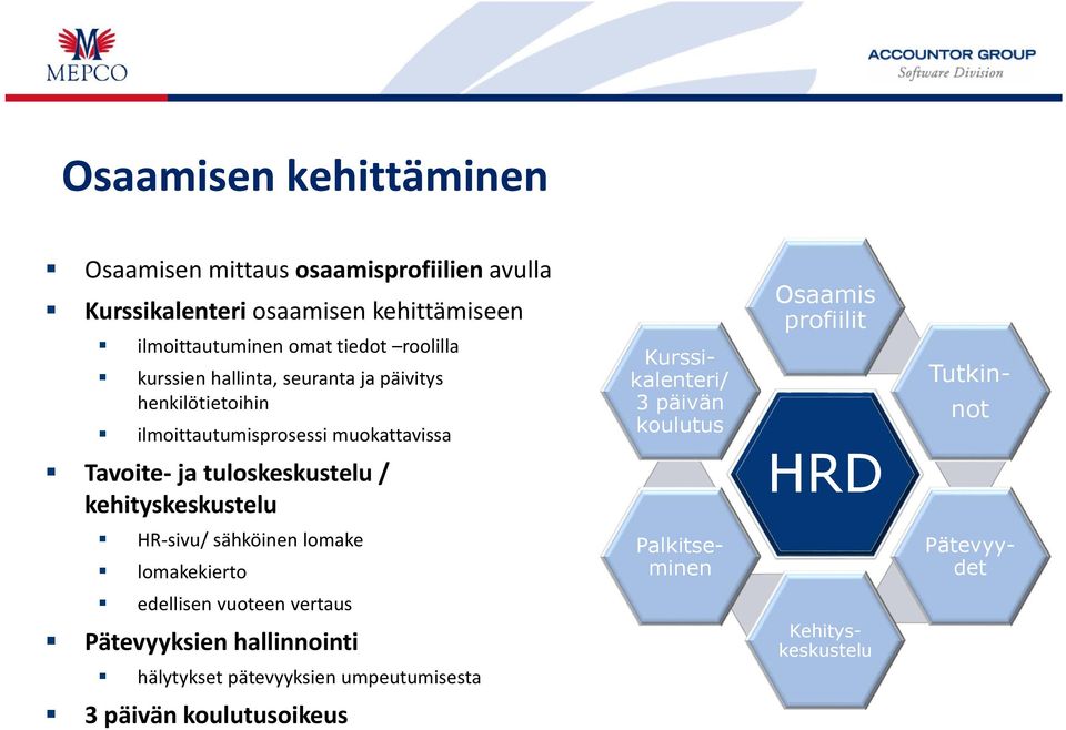 kehityskeskustelu Kurssikalenteri/ 3 päivän koulutus Osaamis profiilit HRD Tutkinnot HR sivu/ sähköinen lomake lomakekierto