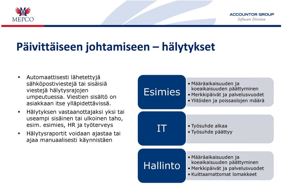 esimies, HR ja työterveys Hälytysraportit voidaan ajastaa tai ajaa manuaalisesti käynnistäen Esimies IT Määräaikaisuuden ja koeaikaisuuden päättyminen