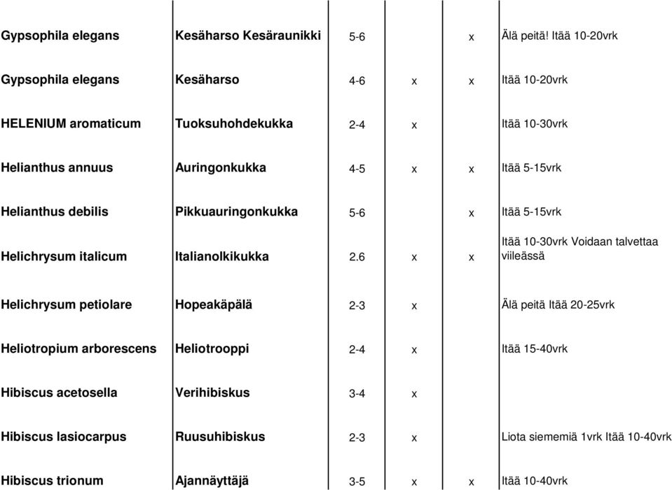 5-15vrk Helianthus debilis Pikkuauringonkukka 5-6 x Itää 5-15vrk Helichrysum italicum Italianolkikukka 2.