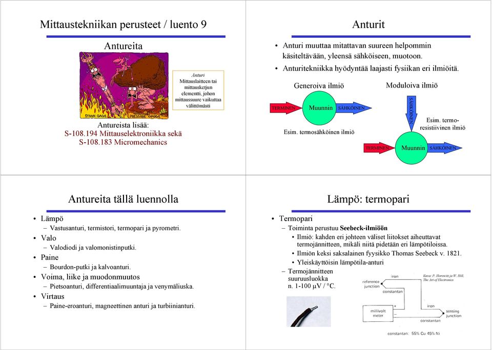 muotoon. Anturitekniikka hyödyntää laajasti fysiikan eri ilmiöitä. TERMINEN Generoiva ilmiö Muunnin SÄHKÖINEN Esim. termosähköinen ilmiö TERMINEN Moduloiva ilmiö SÄHKÖINEN Muunnin Esim.