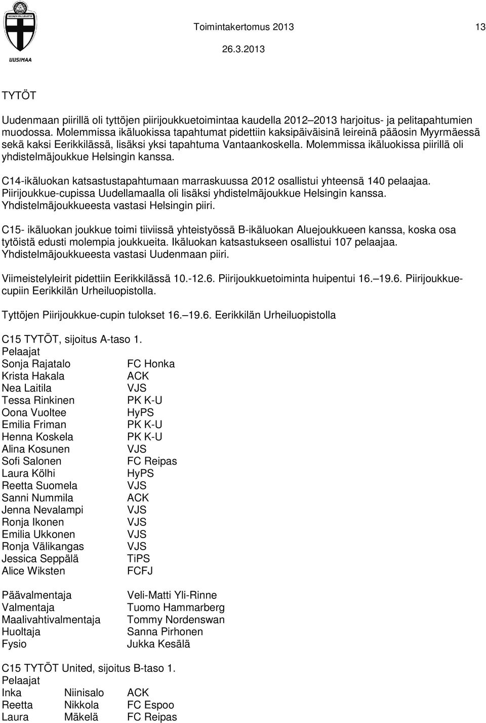 Molemmissa ikäluokissa piirillä oli yhdistelmäjoukkue Helsingin kanssa. C14-ikäluokan katsastustapahtumaan marraskuussa 2012 osallistui yhteensä 140 pelaajaa.