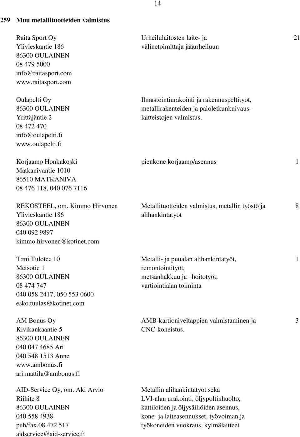 oulapelti.fi Korjaamo Honkakoski pienkone korjaamo/asennus 1 Matkanivantie 1010 86510 MATKANIVA 08 476 118, 040 076 7116 REKOSTEEL, om.