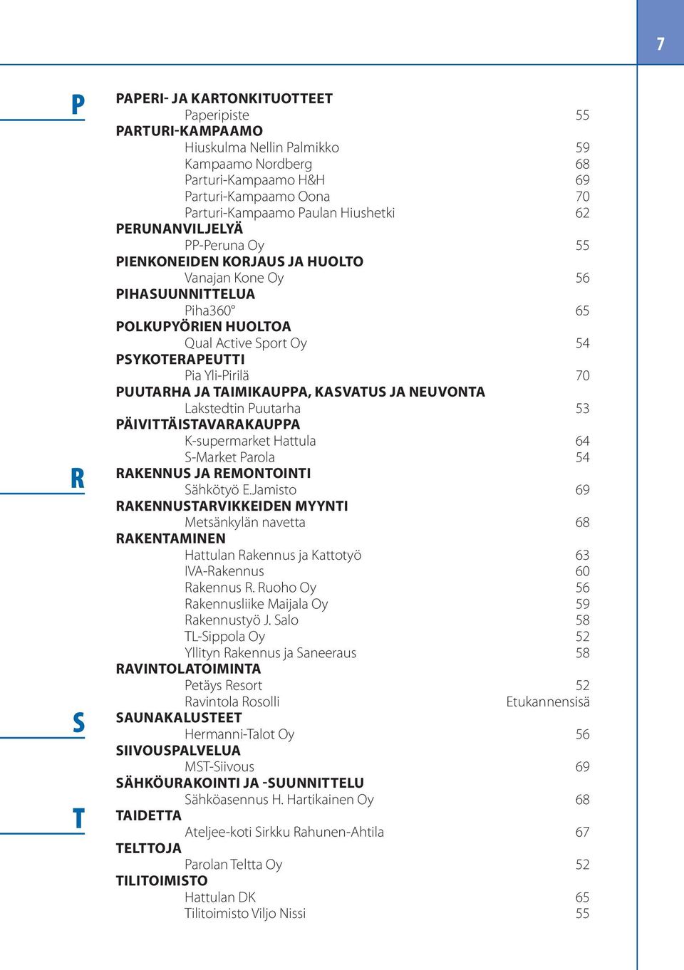 70 PUUTARHA JA TAIMIKAUPPA, KASVATUS JA NEUVONTA Lakstedtin Puutarha 53 PÄIVITTÄISTAVARAKAUPPA K-supermarket Hattula 64 S-Market Parola 54 RAKENNUS JA REMONTOINTI Sähkötyö E.