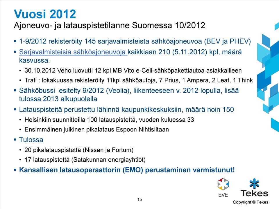 2012 Veho luovutti 12 kpl MB Vito e-cell-sähköpakettiautoa asiakkailleen Trafi : lokakuussa rekisteröity 11kpl sähköautoja, 7 Prius, 1 Ampera, 2 Leaf, 1 Think Sähköbussi esitelty 9/2012 (Veolia),