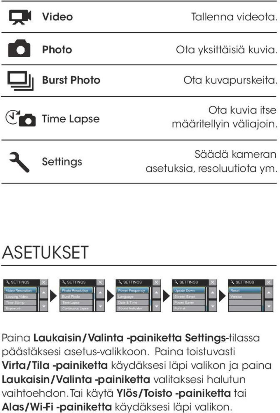 ASETUKSET Paina Laukaisin/Valinta -painiketta Settings-tilassa päästäksesi asetus-valikkoon.